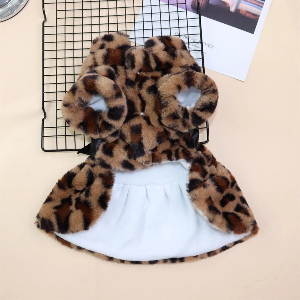 Winter Pet Clothes Plush Coat Leopard Print Dress for Small Dog Cat Jacket Fluffy Faux Bowknot Skirt Bulldog Pug Poodle