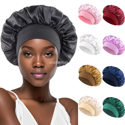 1pcs Unisex Satin Solid Wide-brimmed Sleeping Hat Elastic Band Cap Hair Care Bonnet Night Hat