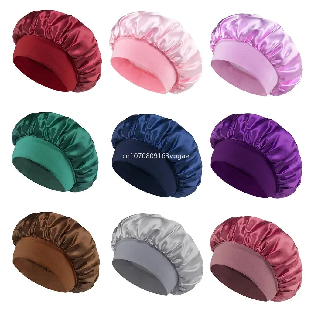 1pcs Unisex Satin Solid Wide-brimmed Sleeping Hat Elastic Band Cap Hair Care Bonnet Night Hat