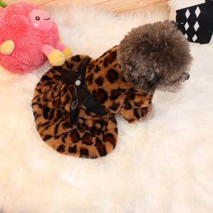 Winter Pet Clothes Plush Coat Leopard Print Dress for Small Dog Cat Jacket Fluffy Faux Bowknot Skirt Bulldog Pug Poodle