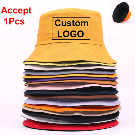 Custom LOGO Design Double Sided Bucket Hat Big Size Women Men Summer Fishing Hats Casual Fishermen Cap Brim Kpop Bucket Gorras