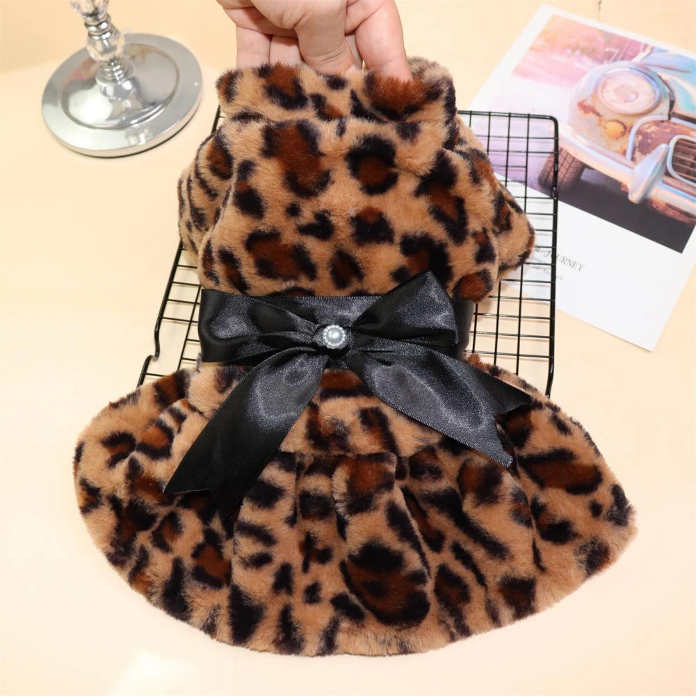 Winter Pet Clothes Plush Coat Leopard Print Dress for Small Dog Cat Jacket Fluffy Faux Bowknot Skirt Bulldog Pug Poodle