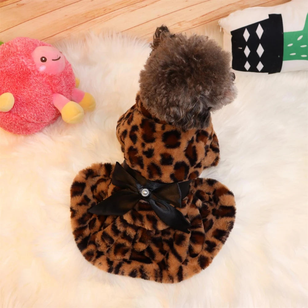 Winter Pet Clothes Plush Coat Leopard Print Dress for Small Dog Cat Jacket Fluffy Faux Bowknot Skirt Bulldog Pug Poodle